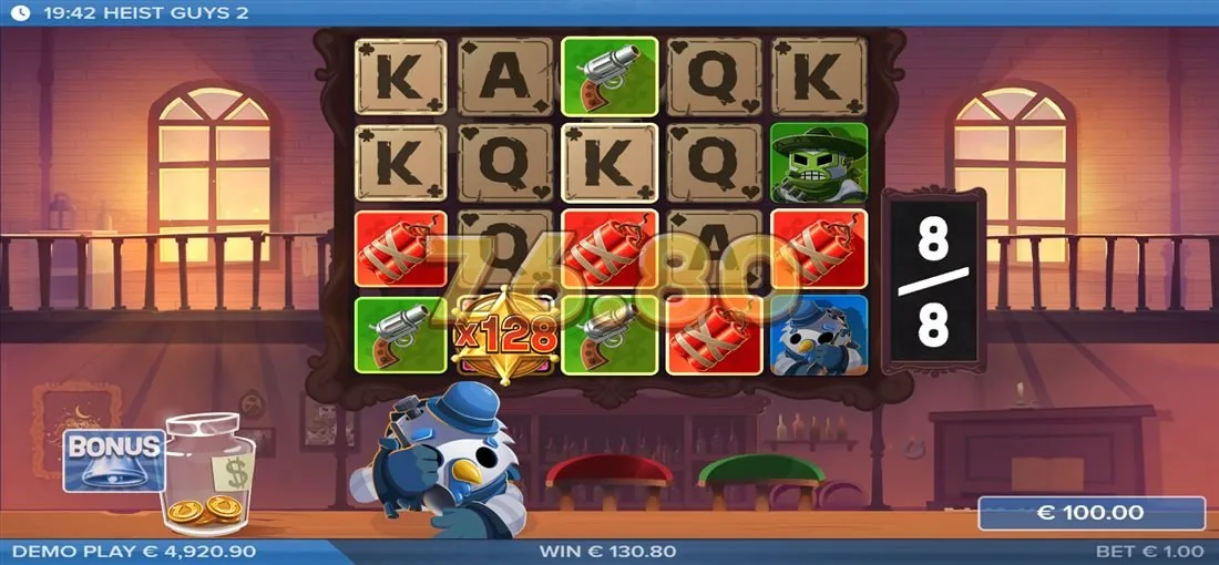 Freispiele von Heist Guys 2: goldener Sheriffstern-Wild mit x128-Multiplikator, Rundenzähler 8/8, Gewinn 130,80 Euro