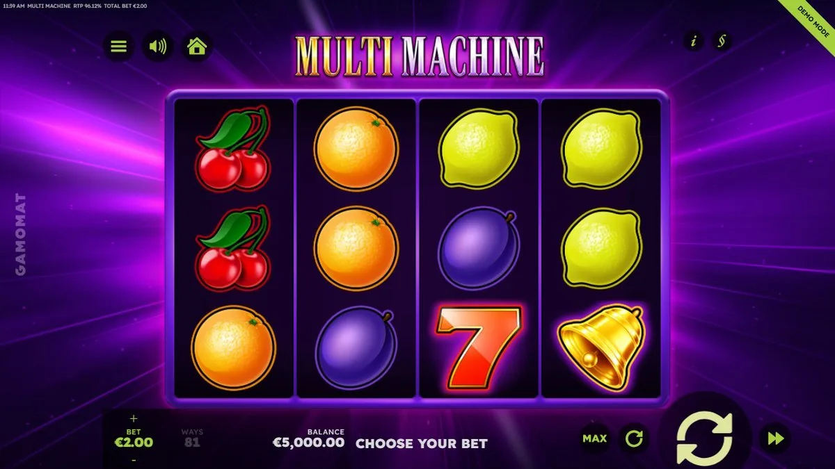 Multi Machine von Gamomat: vier Walzen mit klassischen Fruchtsymbolen – Kirschen, Orangen, Pflaumen, Zitronen, roter Siebener und goldene Glocke, unten CHOOSE YOUR BET, 81 Wege, Einsatz 2 Euro