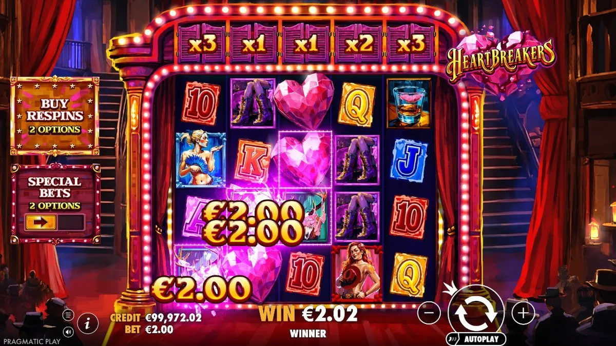 Hold and Win von Heartbreakers: mehrere pinke Herzen mit 2,00-Euro-Werten geklebt, Gewinn 2,02 Euro