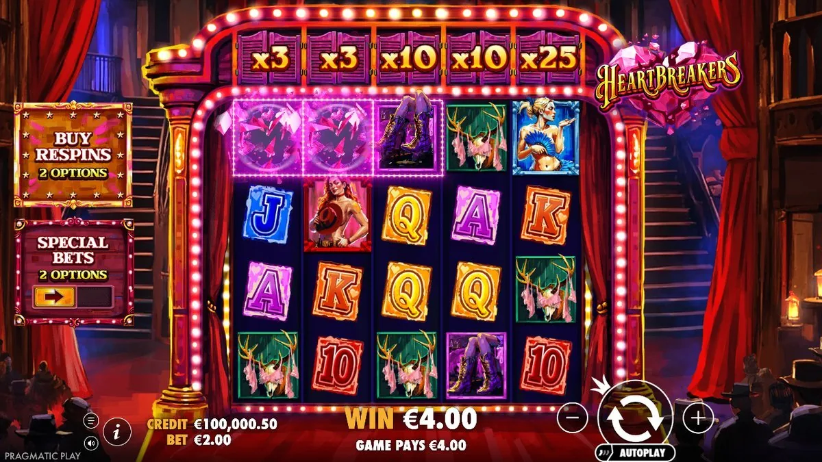Heartbreakers Feature: Multiplikator-Leiste x3 x3 x10 x10 x25, Herzen oben geklebt, Game pays 4,00 Euro