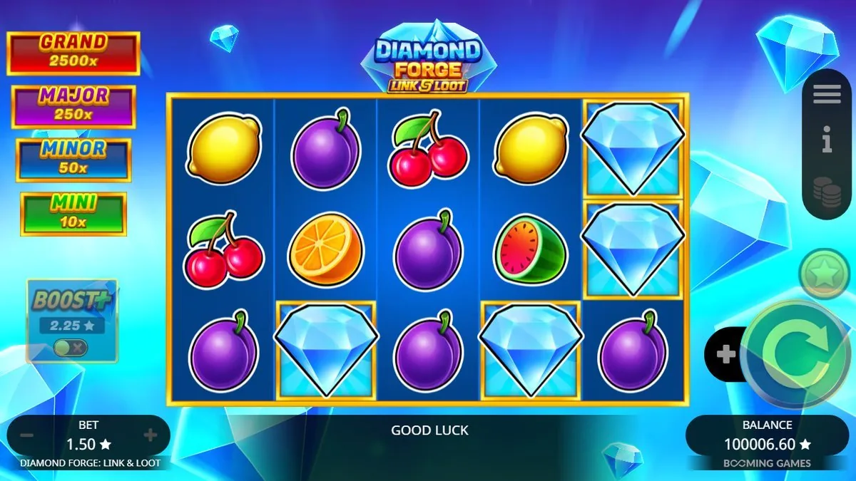 Diamond Forge Grundspiel: 5x3-Walzen mit Früchten und blauen Diamanten, Jackpot-Leiter GRAND 2500x bis MINI 10x, BOOST+ 2.25