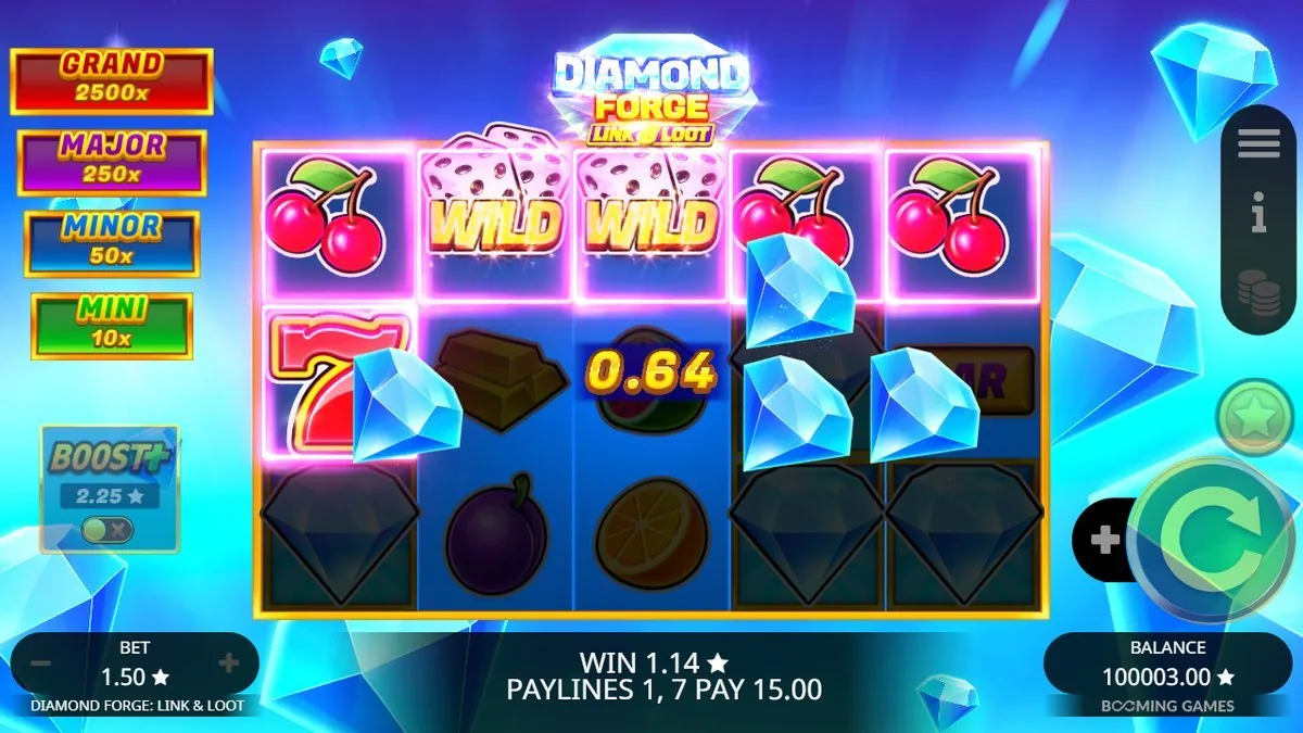 Diamond Forge Gewinn: zwei Würfel-Wild-Symbole, Meldung Paylines 1,7 pay 15.00, Gewinn 1,14