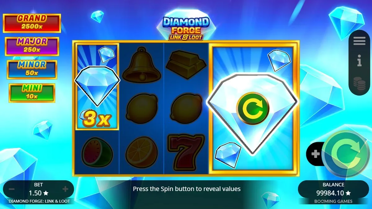 Diamond Forge Link and Loot Runde: geklebter Diamant mit x3-Multiplikator und Sammel-Diamant mit grünem C, Hinweis Press the Spin button to reveal values