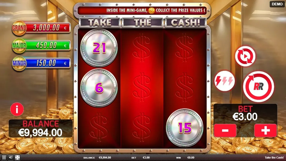 Take The Cash Mini-Game: Banner Inside the mini-game collect the prize values über den geklebten Münzen 21, 6, 15