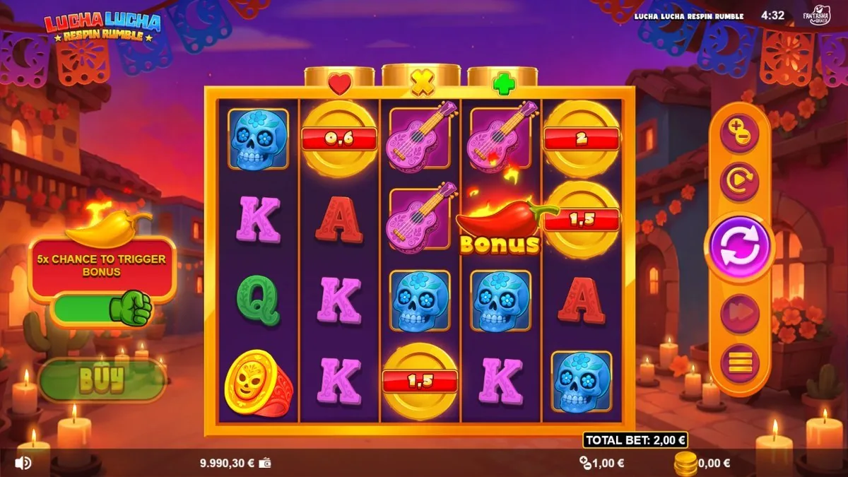 Lucha Lucha Respinrunde: Münz-Symbole mit Werten 0,6, 1,5 und 2 geklebt, Chili-Bonus-Symbol, Total Bet 2,00 Euro