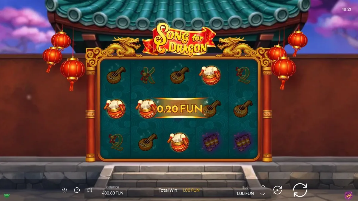 Song for Dragon: horizontale Reihe roter Trommel-Symbole mit 0,20-FUN-Gewinnanzeige, Gesamtgewinn 1,00 FUN