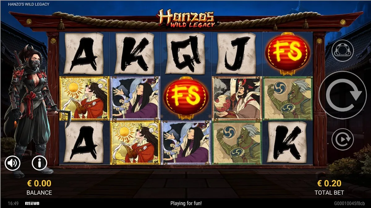 Hanzo's Wild Legacy Grundspiel: 5x3-Walzen im Tuschpinsel-Stil mit Kartenwerten A/K/Q/J, Holzschnitt-Bildsymbolen, zwei FS-Laternen und Kunoichi-Figur am Rand, Total Bet 0,20