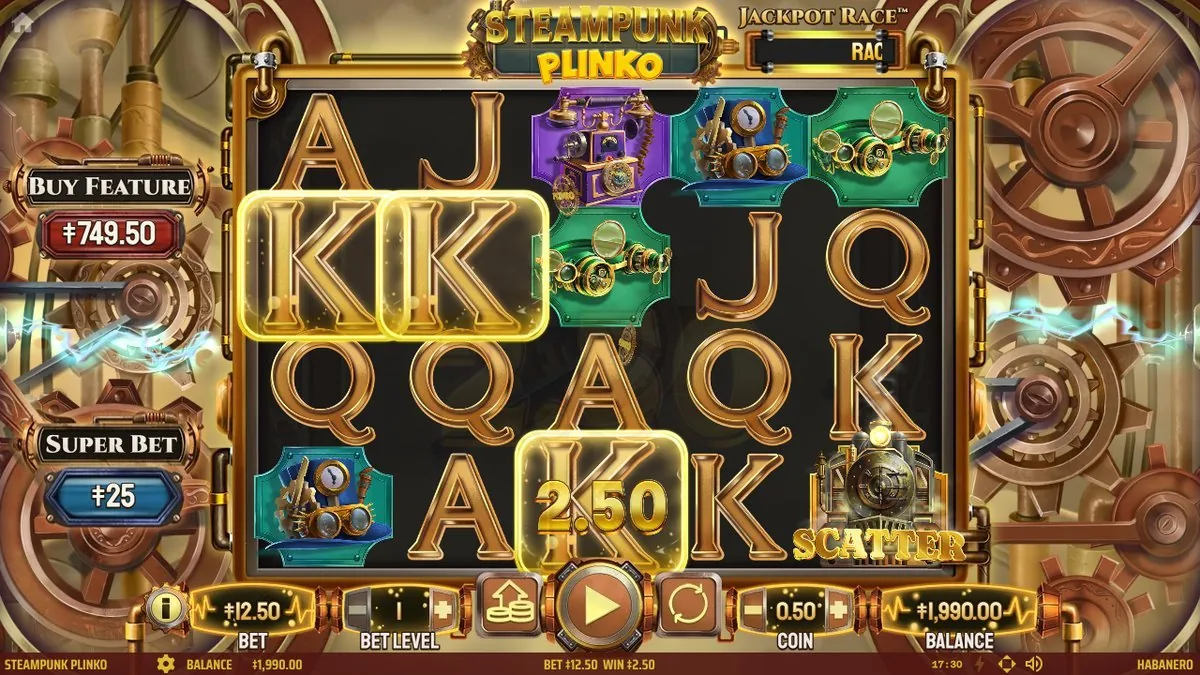 Steampunk Plinko Grundspiel: fünf Walzen mit goldenen Kartenwerten und Steampunk-Apparaten, Dampfzug-Scatter rechts, kleiner 2,50-Gewinn, Buy Feature 749,50 und Super Bet 25