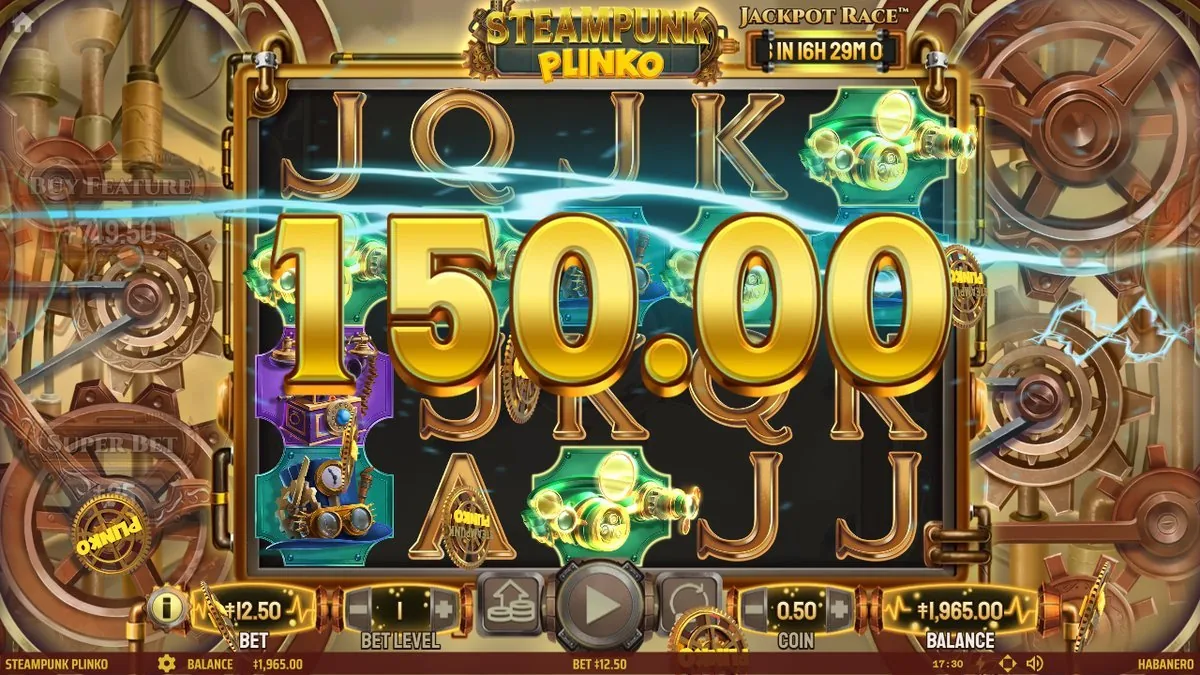 Steampunk Plinko: große 150,00-Gewinnanzeige im Grundspiel, BET 12,50 WIN 150,00
