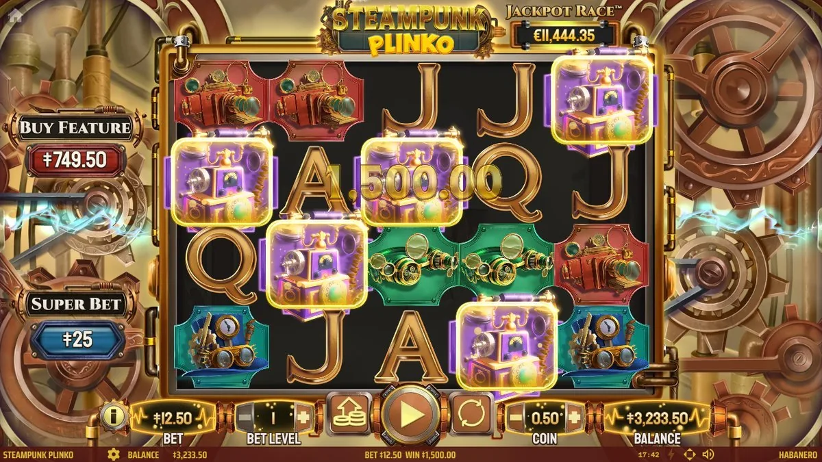 Steampunk Plinko Bonusrunde: leuchtende, klebende Apparate-Symbole sammeln Werte, Gewinnanzeige 1.500,00, Jackpot Race 11.444,35