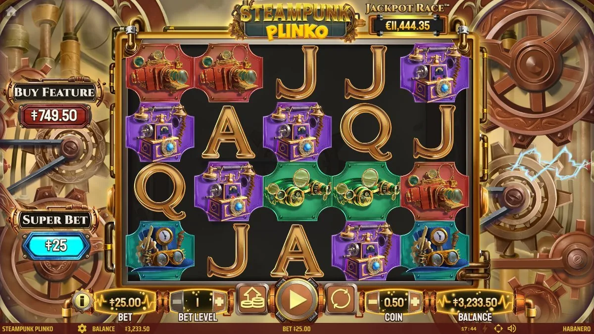 Steampunk Plinko im Super-Bet-Modus: dicht besetztes Feld mit farbigen Steampunk-Apparaten, Bet 25,00
