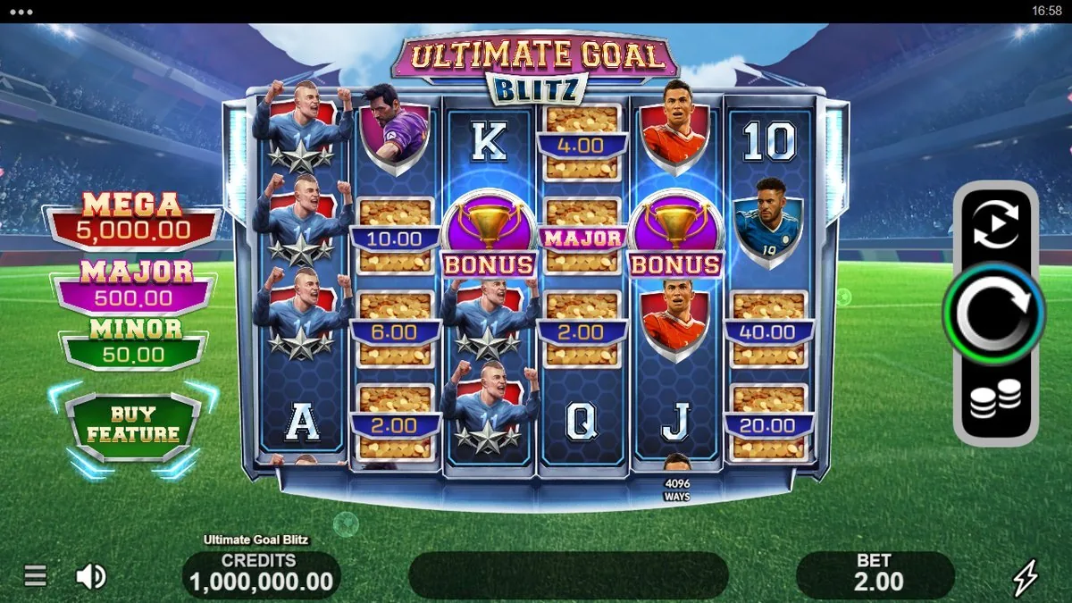 Ultimate Goal Blitz: Stadion-Walzen mit M&uuml;nz-Sammelsymbolen (2,00 bis 40,00), zwei lila BONUS-Pokalen, Jackpot-Leiter MEGA 5.000 / MAJOR 500 / MINOR 50, BUY-FEATURE-Knopf, 4.096 Wege, Einsatz 2,00 Euro