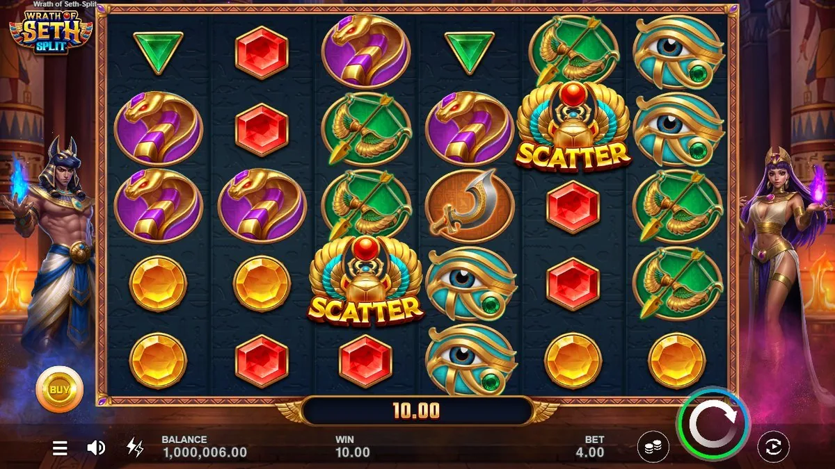 Wrath of Seth Split: 6x5-Feld mit &auml;gyptischen Edelstein-Symbolen, zwei goldenen SCATTER-Skarab&auml;en, Gewinnanzeige 10,00 bei Einsatz 4,00 Euro