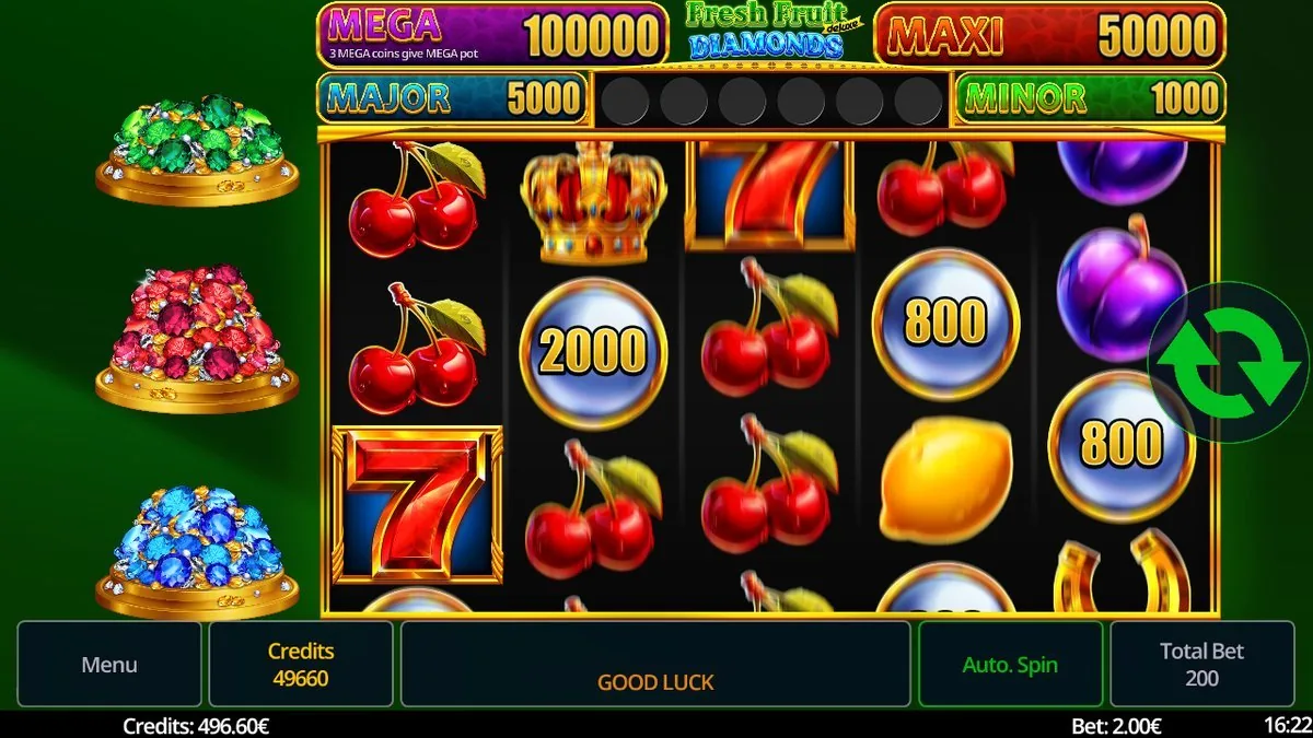 Fresh Fruit deluxe Diamonds Grundspiel: 5x4-Raster mit Fr&uuml;chten und silbernen Wertm&uuml;nzen (2000, 800), oben die Jackpotleiste MEGA 100000 / MAXI 50000 / MAJOR 5000 / MINOR 1000
