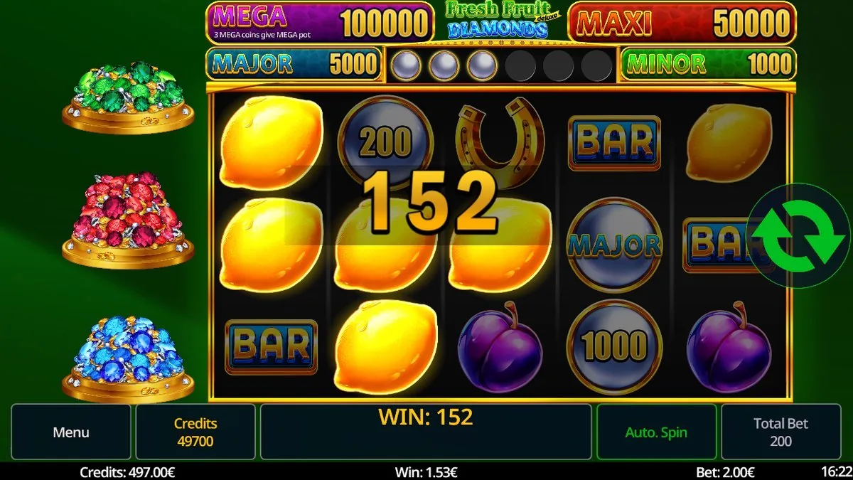 Gewinn von 152 Kredit (1,53 Euro) mit drei Zitronen und gesammelten Hold-and-Win-M&uuml;nzen 200 / 1000 / MAJOR