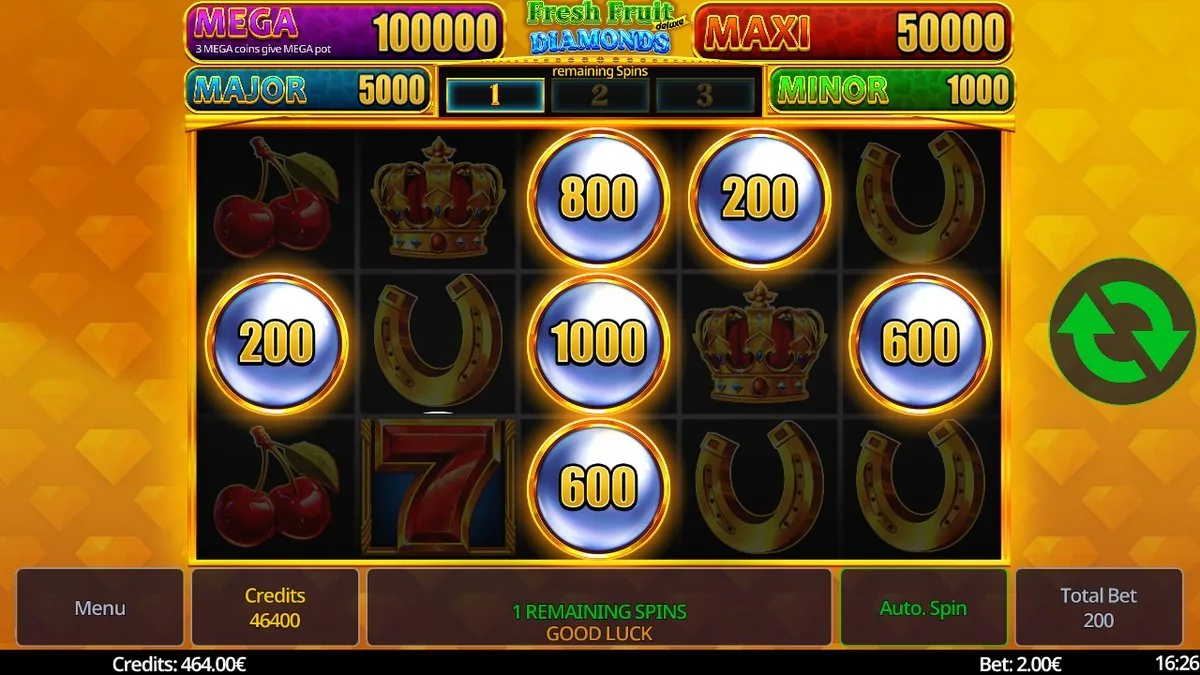 Hold-and-Win-Respin mit Anzeige 1 remaining spin und M&uuml;nzwerten 800, 1000, 600, 200 auf den Walzen