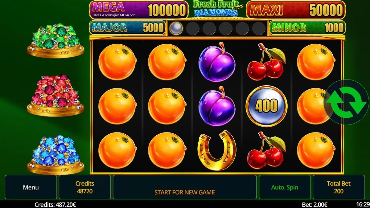 Bildschirm START FOR NEW GAME mit Orangen und einer einzelnen gesammelten M&uuml;nze (400)