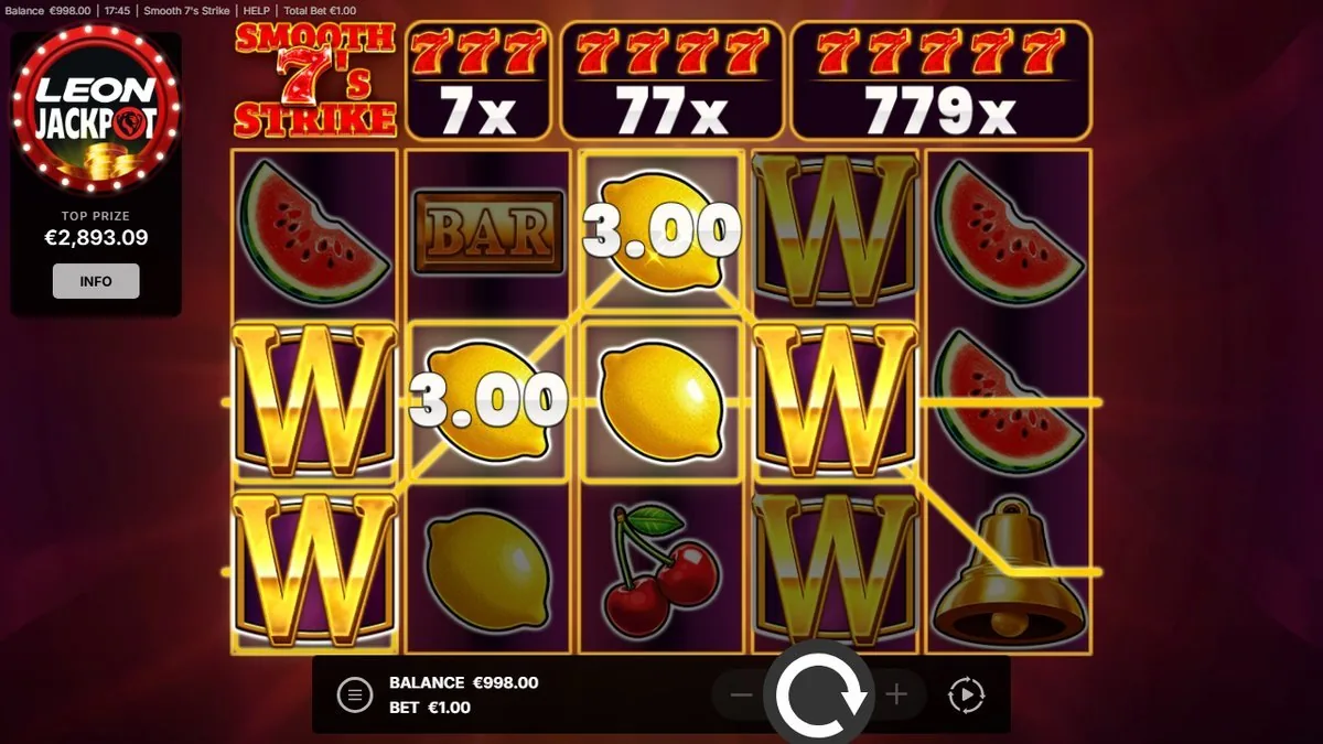 Mehrere goldene W-Wilds verbinden Zitronen-Linien zu 3,00-Gewinnen; Multiplikator-Z&auml;hler bei 779x, Top Prize 2.893,09 Euro