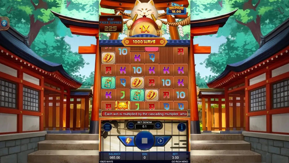 Go Rich Neko: 6x5-Walzen vor Torii-Toren, Banner 1000 Ways, Winkekatze auf der Trommel, Kaskaden-Multiplikator 1X, Buy Free Games 225