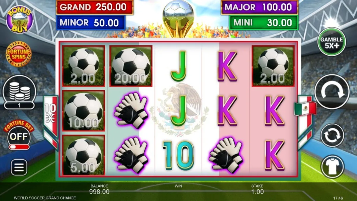 World Soccer Grand Chance: 5x3-Walzen im Stadion, Jackpot-Balken GRAND 250.00, MAJOR 100.00, MINOR 50.00, MINI 30.00, Football-Barwerte und Torhüter-Handschuh-Wilds, Einsatz 1,00 Euro