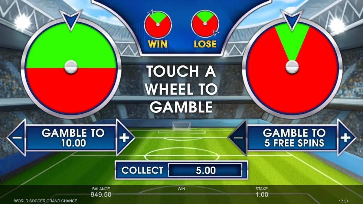 Risiko-Bildschirm 'Touch a wheel to gamble': linkes Rad Gamble to 10.00, rechtes Rad Gamble to 5 Free Spins, Collect 5.00