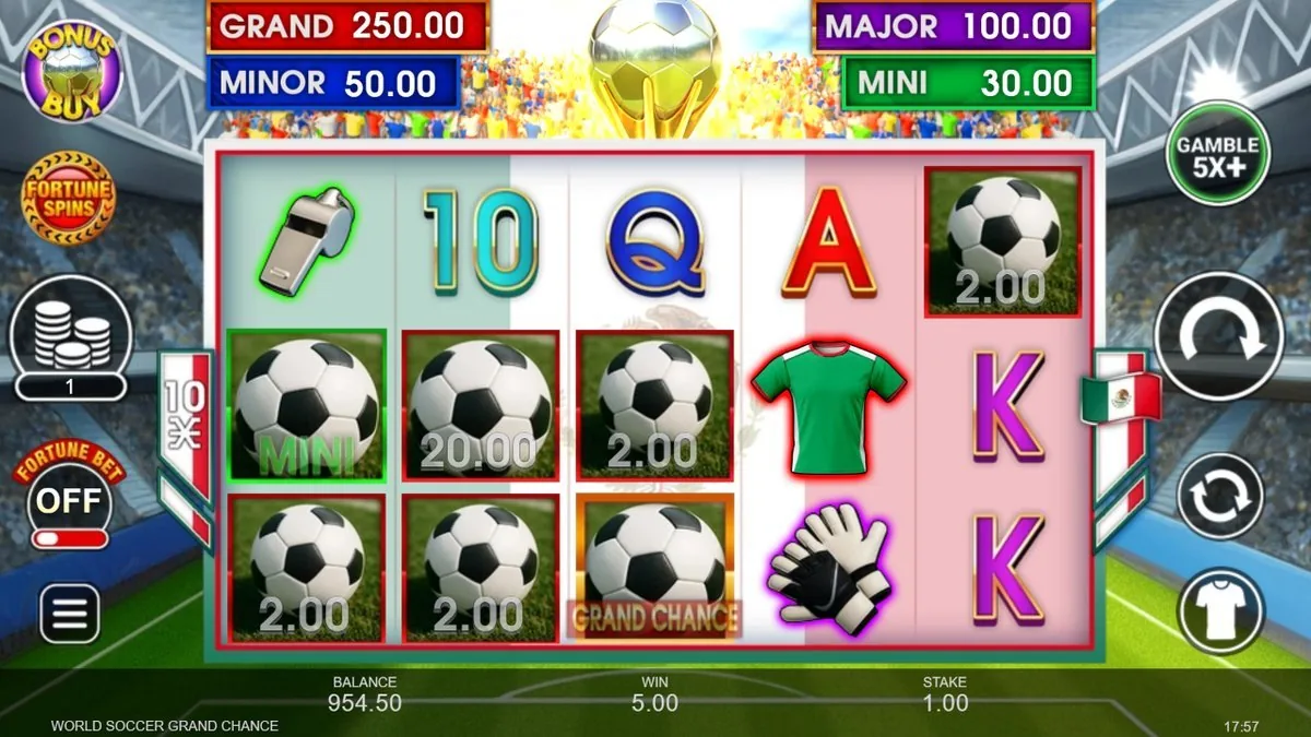 Feature-Walzen mit grünem Trikot-Symbol, Torhüter-Handschuh-Wild, Football-Barwerten 20,00 und 2,00 sowie einem GRAND-CHANCE-Football, Gewinn 5,00