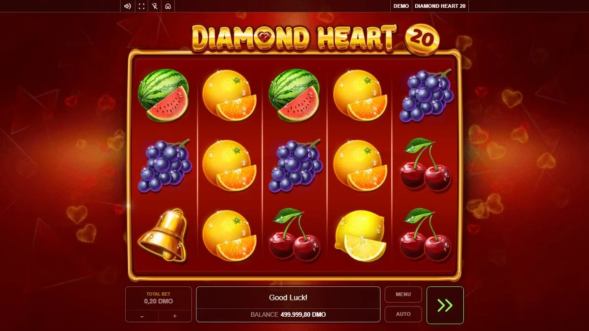Diamond Heart 20 Grundspiel: 5x3-Raster mit Wassermelone, Orange, Trauben und Kirschen, Meldung Good Luck, Einsatz 0,20 DMO