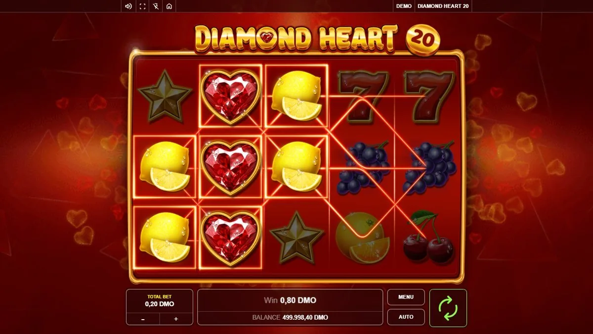 Diamond Heart 20 Gewinn: drei rote Diamant-Herzen auf der mittleren Walze, rot nachgezeichnete Linien, Win 0,80 DMO