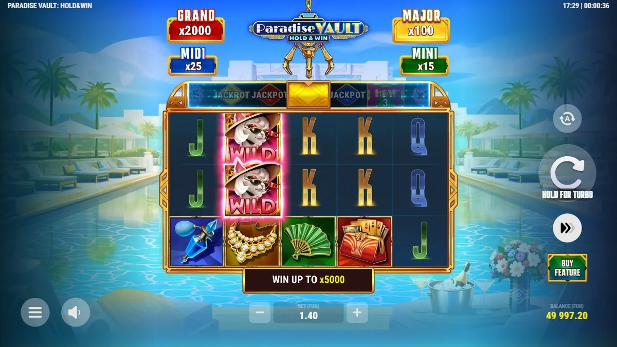Paradise Vault Grundspiel: 5x3-Raster mit gestapeltem Katzen-Wild, Jackpot-Leiter GRAND x2000 bis MINI x15, Anzeige WIN UP TO x5000, Einsatz 1,40 FUN