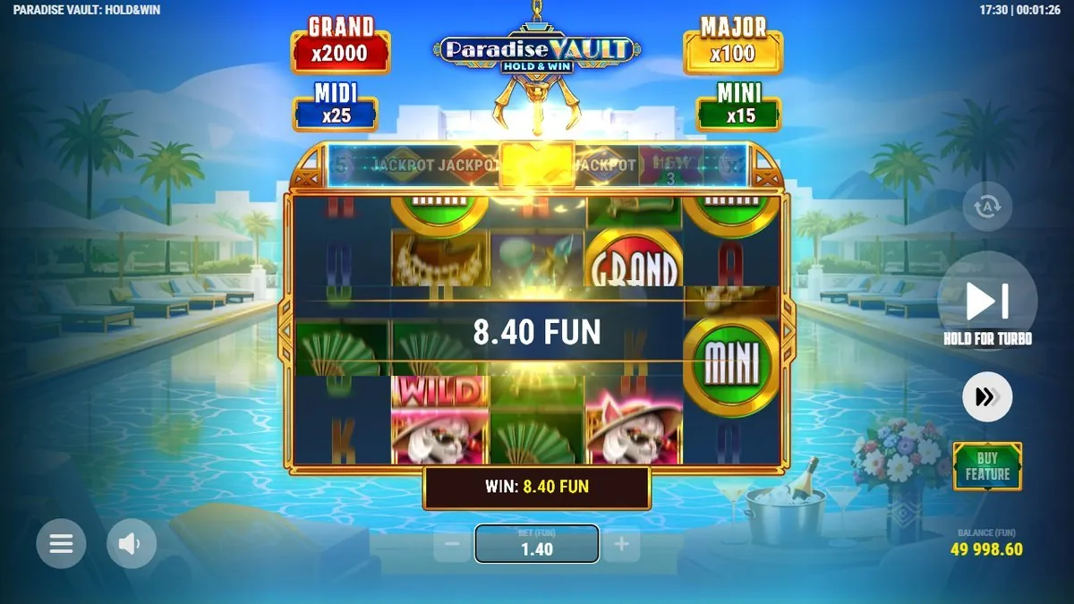 Paradise Vault Gewinn: 8,40 FUN, Münzsymbole mit GRAND und MINI auf den Walzen (Hold and Win)