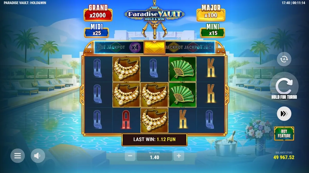 Paradise Vault Feature: Sammel-Multiplikator x4 in der oberen Leiste, klebende Perlenketten- und Fächer-Symbole, Last Win 1,12 FUN