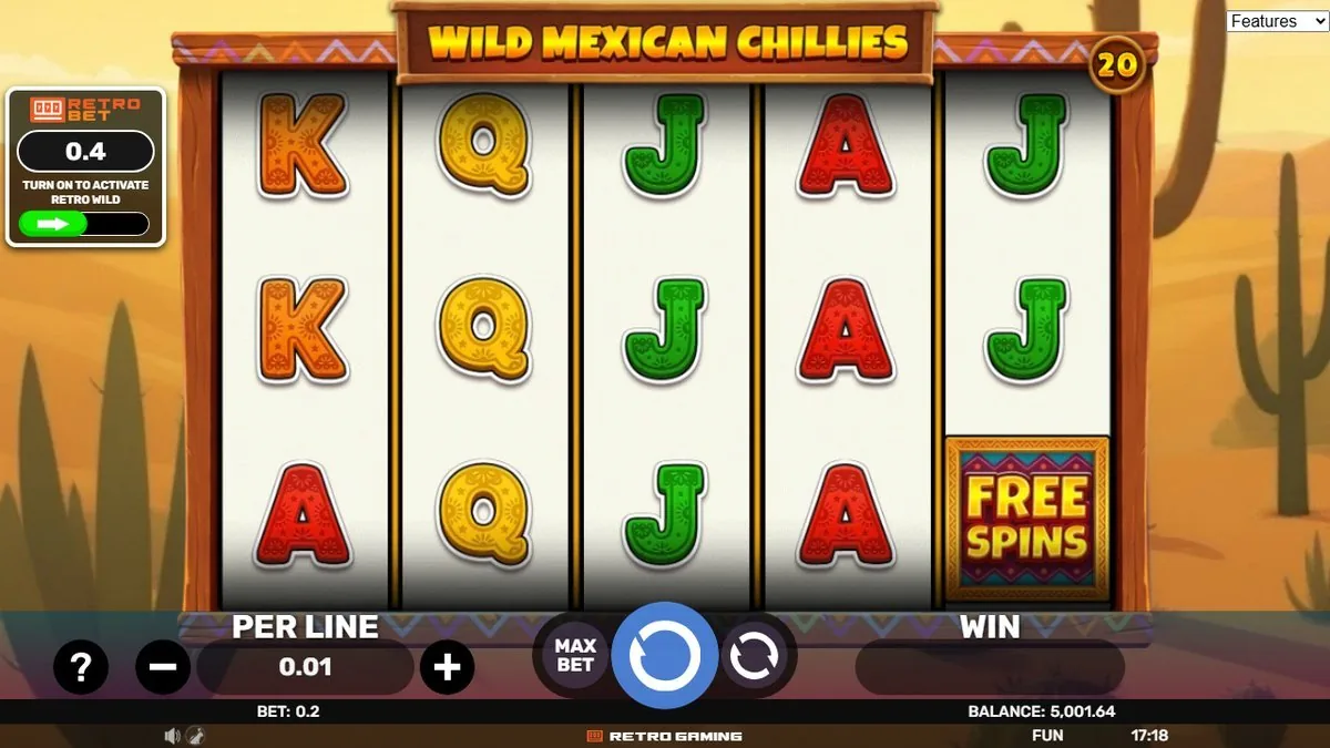 Wild Mexican Chillies Grundspiel: 5x3-Raster mit bunten Buchstaben-Symbolen, FREE-SPINS-Symbol auf Walze 5, Retro-Bet-Anzeige links, Einsatz 0,20