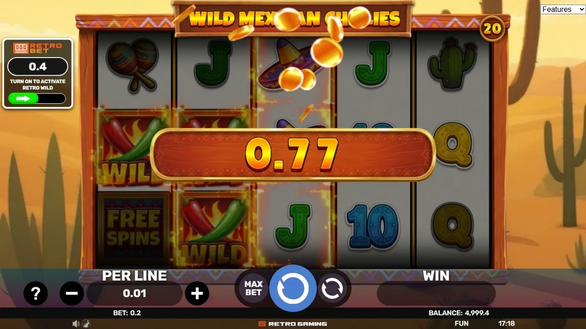 Wild Mexican Chillies Gewinn: BIG WIN 0,77 Popup, flammende Chili-Wilds und FREE-SPINS-Symbole auf den linken Walzen