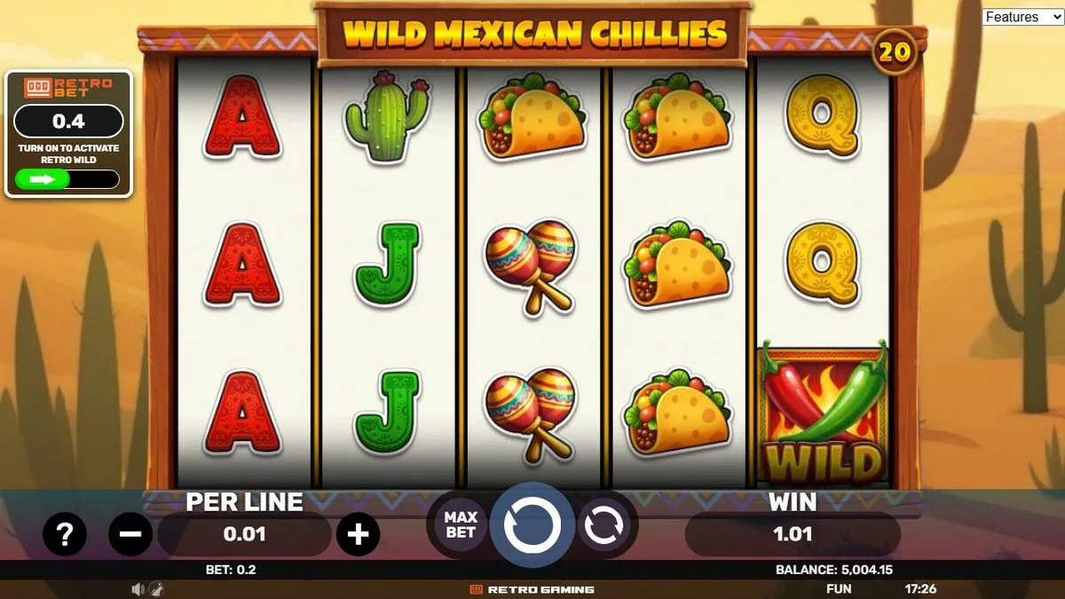 Wild Mexican Chillies: Tacos, Maracas und Kaktus auf den Walzen, flammendes Chili-Wild auf Walze 5, Win 1,01