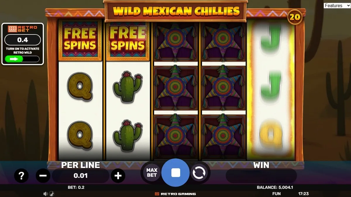 Wild Mexican Chillies Freispiel-Runde: zwei FREE-SPINS-Symbole auf den linken Walzen, drehende Piñata-Stern-Symbole