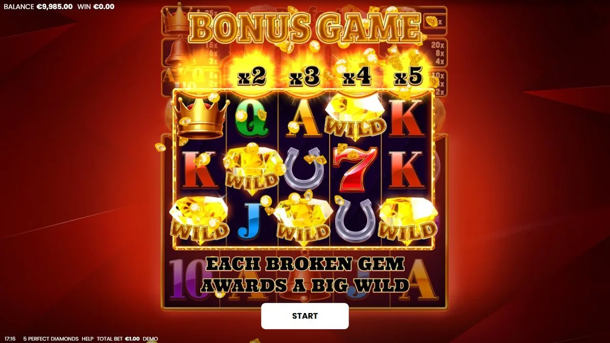 BONUS GAME von 5 Perfect Diamonds: das Feld voller großer WILD-Diamanten und Hufeisen, Multiplikatoren x2 x3 x4 x5 über den Walzen, Ansage EACH BROKEN GEM AWARDS A BIG WILD