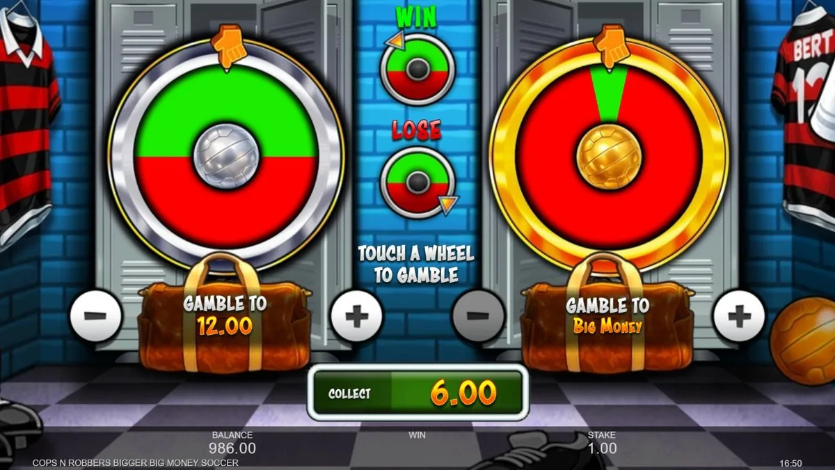 Umkleide-Gamble von Cops 'n' Robbers Soccer: zwei Räder, GAMBLE TO 12,00 links und GAMBLE TO Big Money rechts, COLLECT 6,00 unten