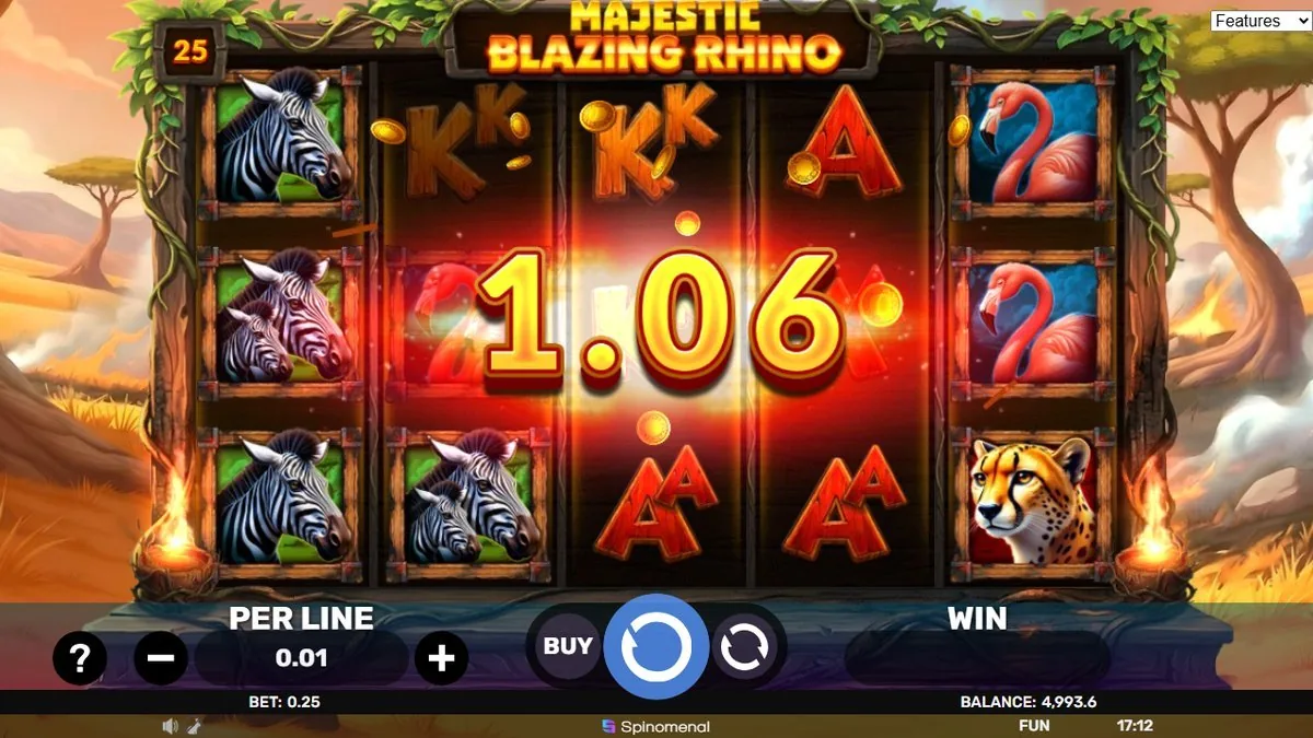 Majestic Blazing Rhino: Gewinn von 1,06 Euro mit gestapelten Zebras, Flamingos und einem Geparden in der abendlichen Savanne