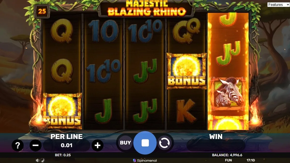 Majestic Blazing Rhino: lodernde BONUS-Scatter auf Walze 1 und 4, während Walze 5 sich mit Zebras auffüllt