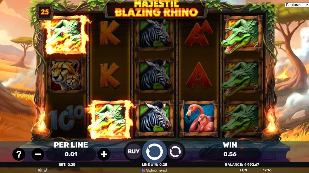Majestic Blazing Rhino Freispiele: flammenumrandete Krokodile, Line Win 0,28 und Gesamtgewinn 0,56