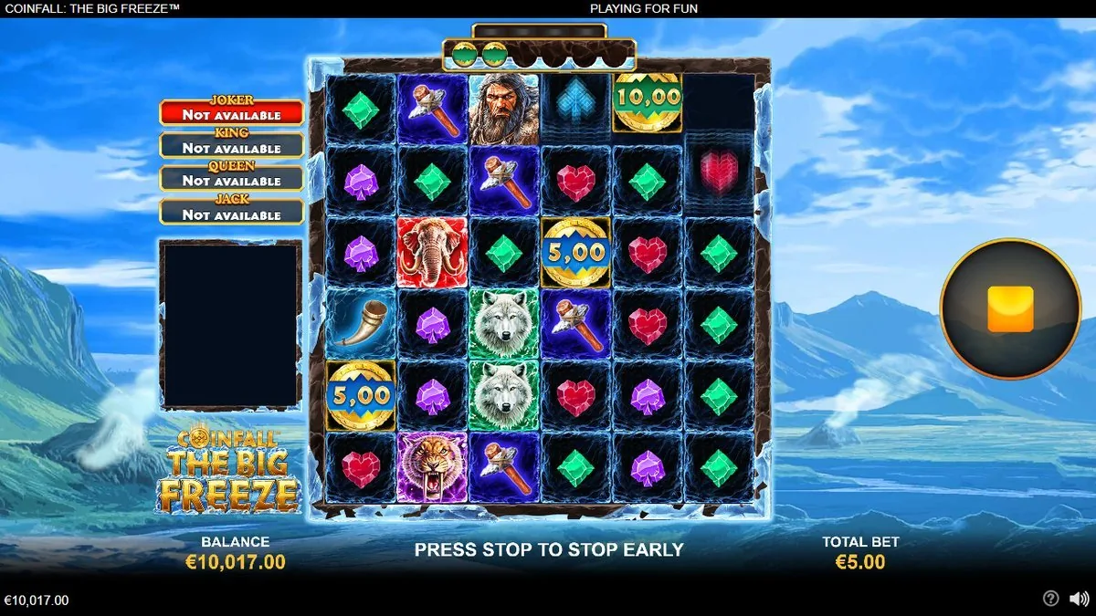 CoinFall The Big Freeze: 6x6-Eisraster mit goldenen Cash-Coins zu 10,00 und 5,00, dazu Höhlenmensch, Mammut und Wolf, Total Bet 5,00 Euro