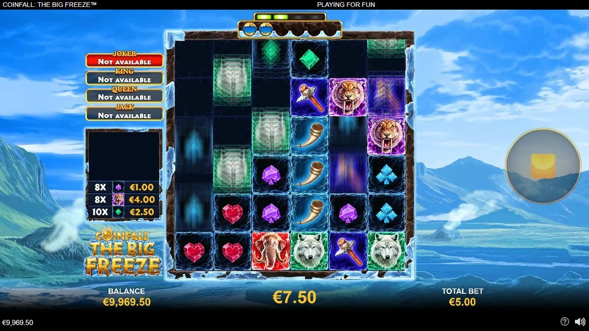 CoinFall The Big Freeze: leergeräumte Spalten nach einer Kaskade, Sammelfeld zeigt 8x Pik 1,00, 8x Tiger 4,00, 10x Diamant 2,50, Gewinn 7,50 Euro