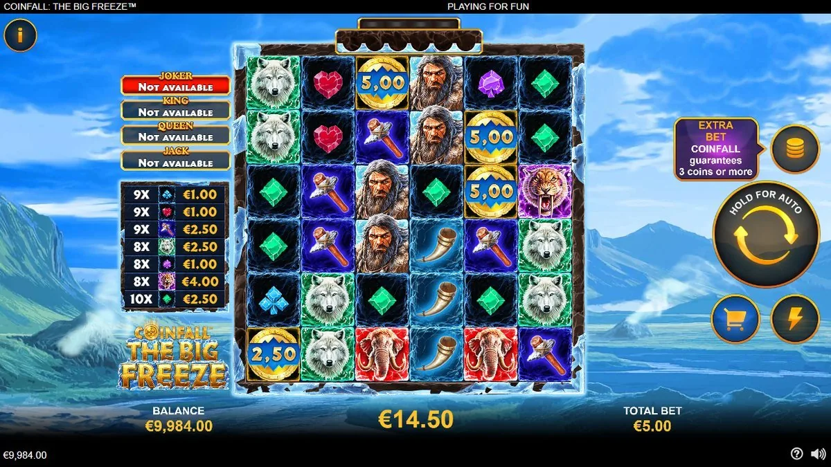 CoinFall The Big Freeze Freeze Spins: eingefrorene Cash-Coins zu 5,00 und 2,50, EXTRA BET garantiert 3 Coins, Gesamtgewinn 14,50 Euro
