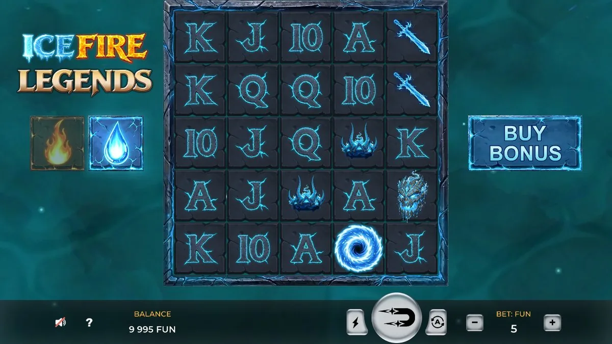 Ice Fire Legends Grundspiel: eisblaues 5x5-Raster mit gefrorenen Buchstaben-Symbolen, Schwert, Drache und blauem Wirbel, rechts der Buy-Bonus-Knopf