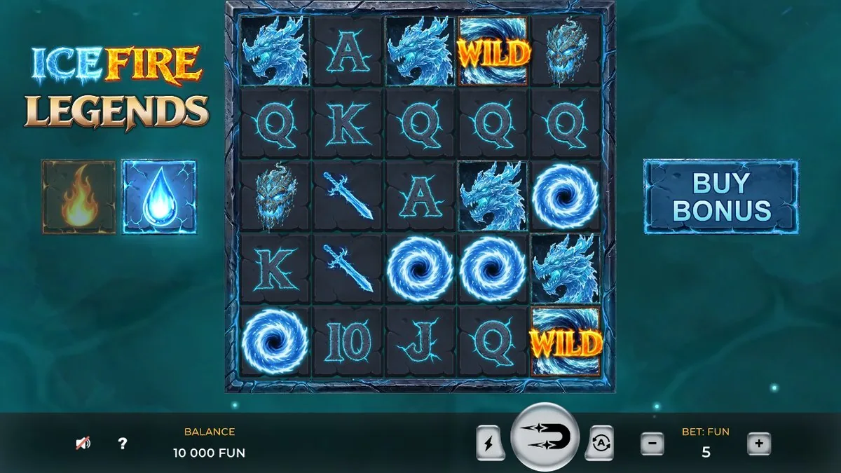 Ice Fire Legends: zwei orange umrandete WILD-Symbole auf den blauen Walzen, dazu mehrere blaue Wirbel-Symbole und Eisdrachen