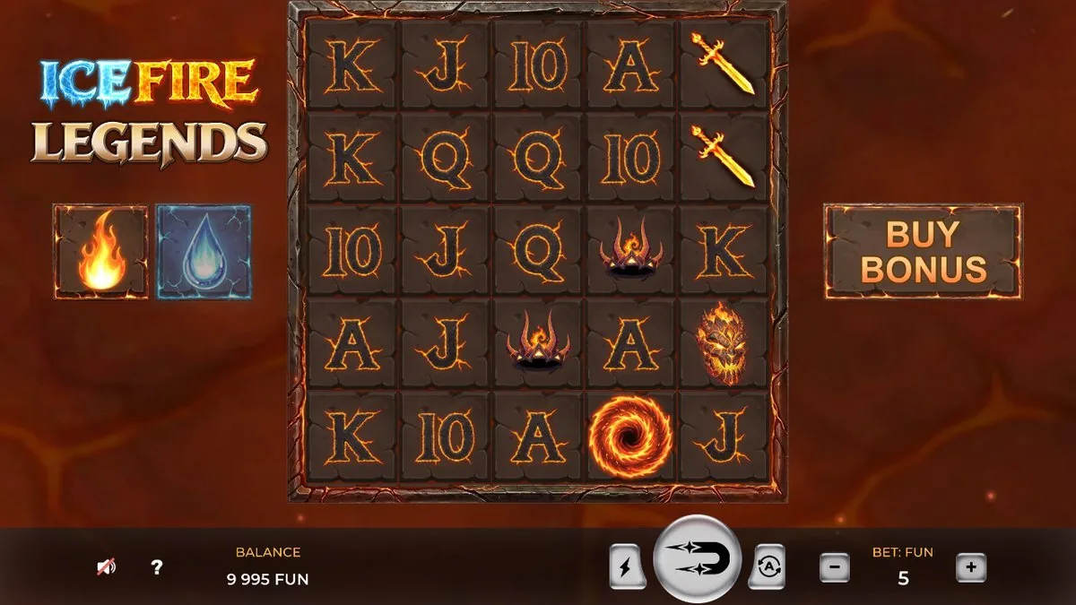 Ice Fire Legends Freispiele: feuerrote Walzen in der Bonusrunde mit denselben Feuer-Symbolen
