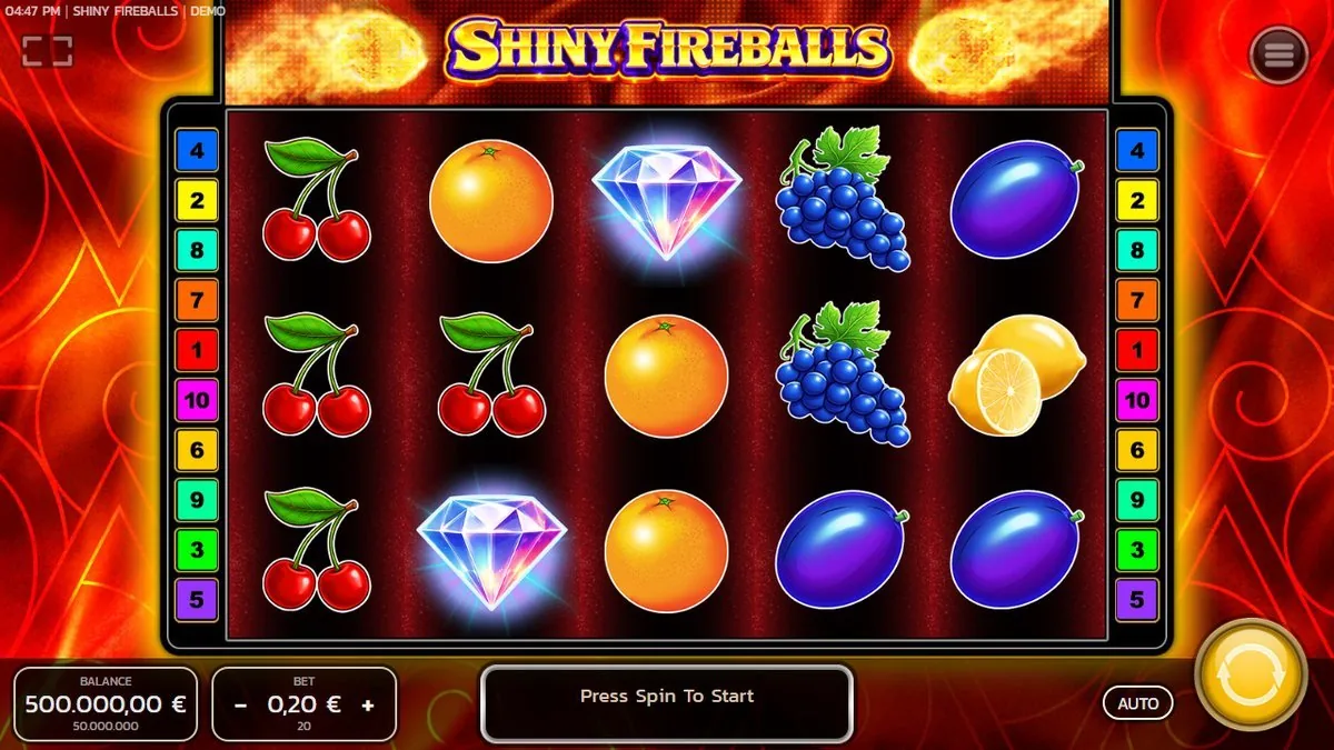 Shiny Fireballs Grundspiel: klassisches 5x3-Fruchtraster mit Kirschen, Orange, blauem Diamant, Weintrauben und Pflaume, 10 Linien nummeriert, Balance 500.000 Euro