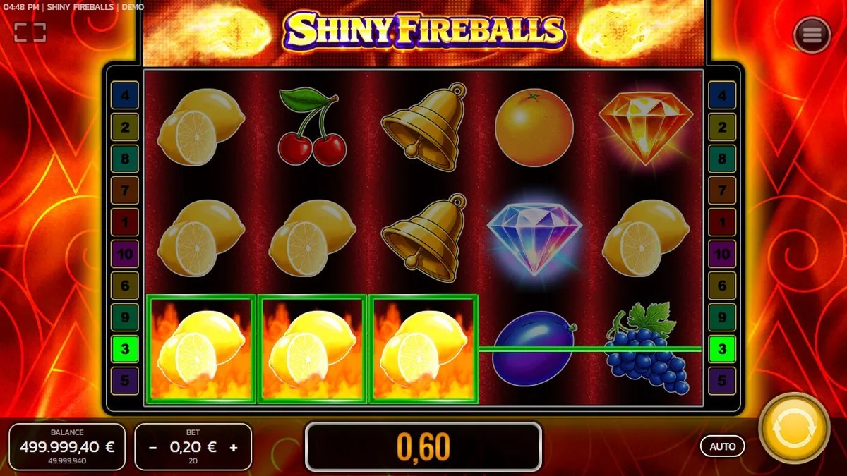 Shiny Fireballs: drei Zitronen auf grün markierter Linie 3, Gewinn 0,60 Euro, oben rechts ein glühender Bernstein-Diamant