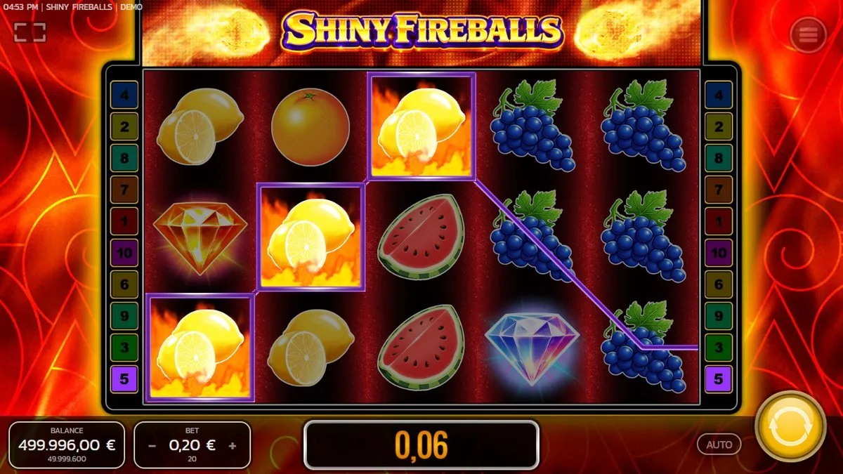 Shiny Fireballs: sich ausdehnende Zitronen-Symbole mit Flammen-Effekt auf einer violetten Gewinnlinie, Gewinn 0,06 Euro