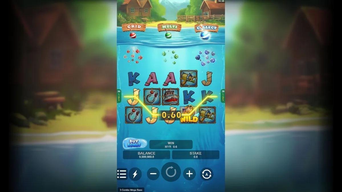 3 Combo Mega Bass: gelbe Gewinnlinie über den Fischer-Wild, Gewinn 0,60 MYR, Bass-Fische und Angelhaken im Feld